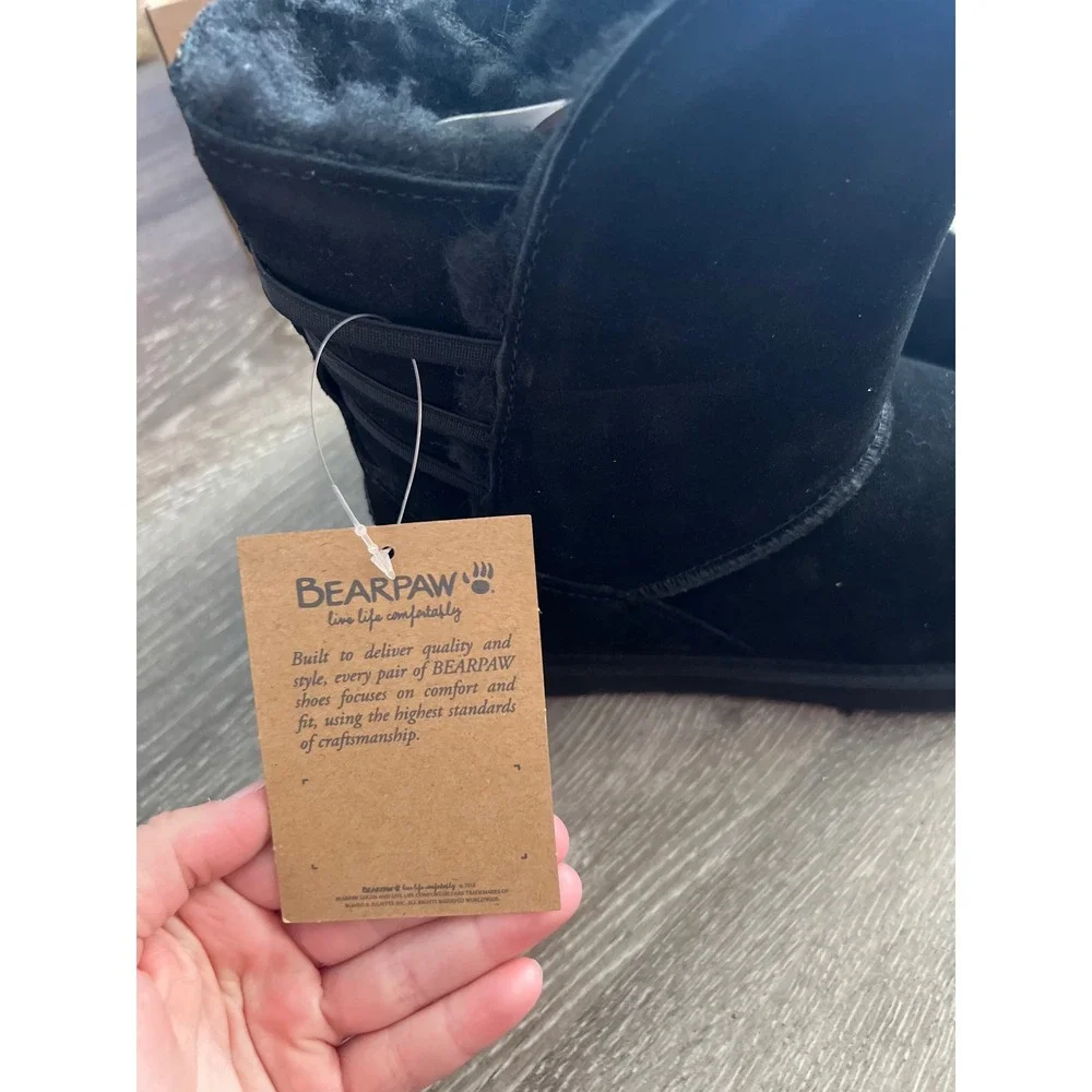 NEW Bearpaw Kylee Boot Women 9 Black NeverWet Suede Fur Lined Back Straps 2880W